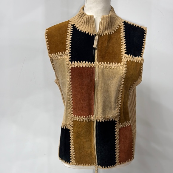 Planet & Company Tan Knit Sweater Vest Patchwork Leather Front Zip Mock Neck Med - Picture 1 of 5